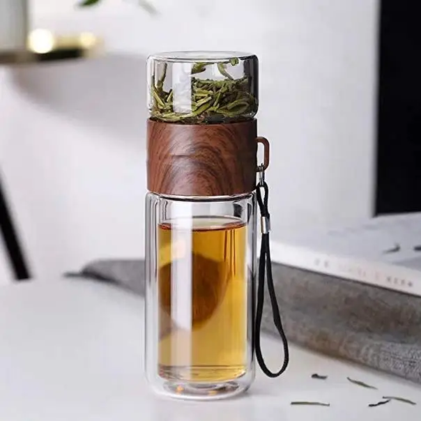 Tea Glass Bottle Double Wall Glass Borosilicate with Infuser Water Bottle Coffee Fruit Flower Filter Drink Bottle 14 OZ/350ML