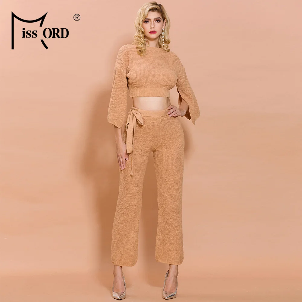 

Missord 2020 Autumn and Winter Women Fashion O Neck Long Sleeve Two Pcs Set Knitted Elegant Jumpsuit FT19831-1