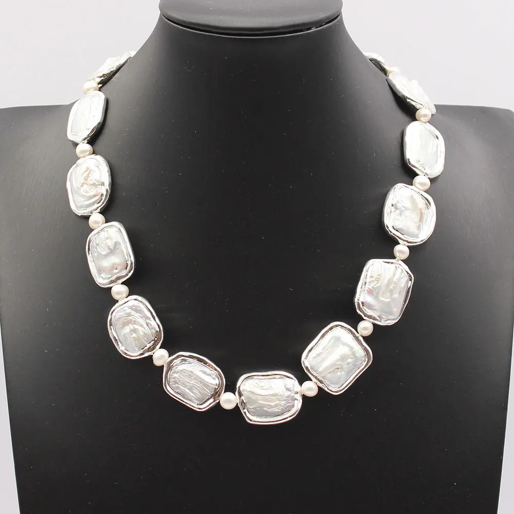 

GG Jewelry Natural White Square Keshi Pearl White Gold Color Plated Necklace Classic Handmade For Women