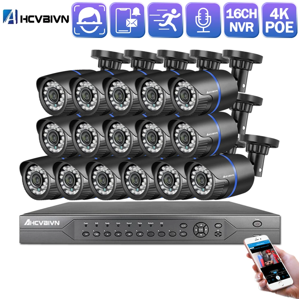 

AHCVBIVN 4K 16CH 5MP H.265+ System Audio POE CCTV Security NVR Kit Outdoor Waterproof IP Camera 5MP Surveillance kit