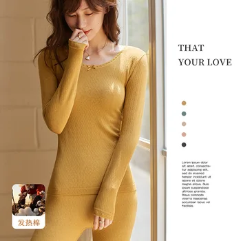 

New Autumn and Winter Round Neck Thermal Underwear Women's Suit Heating Cotton Terry Printing Bow Pyjama Femme Hiver Chaud 2020