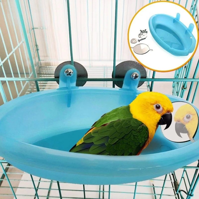 USA Pet Birds  Plastic Bath Basin With Mirror For Small Bird Parrot Bathtub 