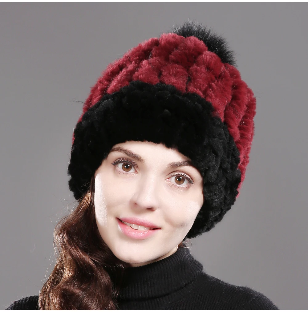 DIY Good Stretch Natural Rex Rabbit Fur Hat Women Winter Warm Knitted Real Rex Rabbit Fur Caps Big Fox Fur Pompoms Beanies Cap