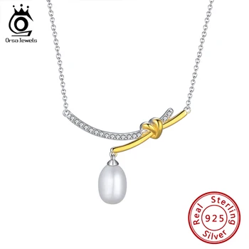 ORSA JEWELS 8*10mm White Natural Freshwater Pearl Pendants Necklaces 925 Silver Gold Plated Knot Zirconia Clavicle Chain GPN01
