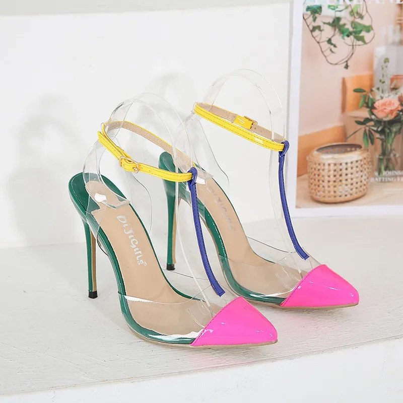 yellow box flip flops Rose Red Color Matching Transparent Pvc Pointed Toe Stiletto Heels Buckle Splicing High-Heeled Sandals 12 Cm Summer 2021 35-42 women's sandal heels