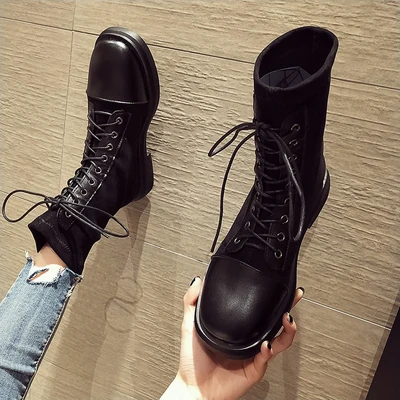 Женская обувь; ботинки в стиле ретро; Новинка года; Осенние эластичные чулки; ботинки на толстом каблуке - Цвет: black