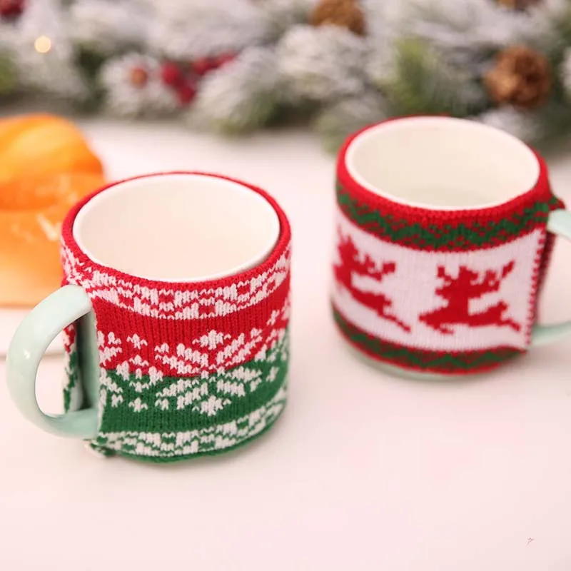 

Cartoon Christmas Tea Cups Sleeve Table Decorations Coffee Cup Cover Mug Sleeve Tea Cup Warmer Mug Sweater Cover