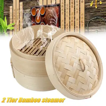 

2 Tier 8-Inch Cooking Bamboo Steamer Fish Rice Vegetable Snack Basket Set Kitchen Cooking Tools Dumpling Steamer Steam Pot