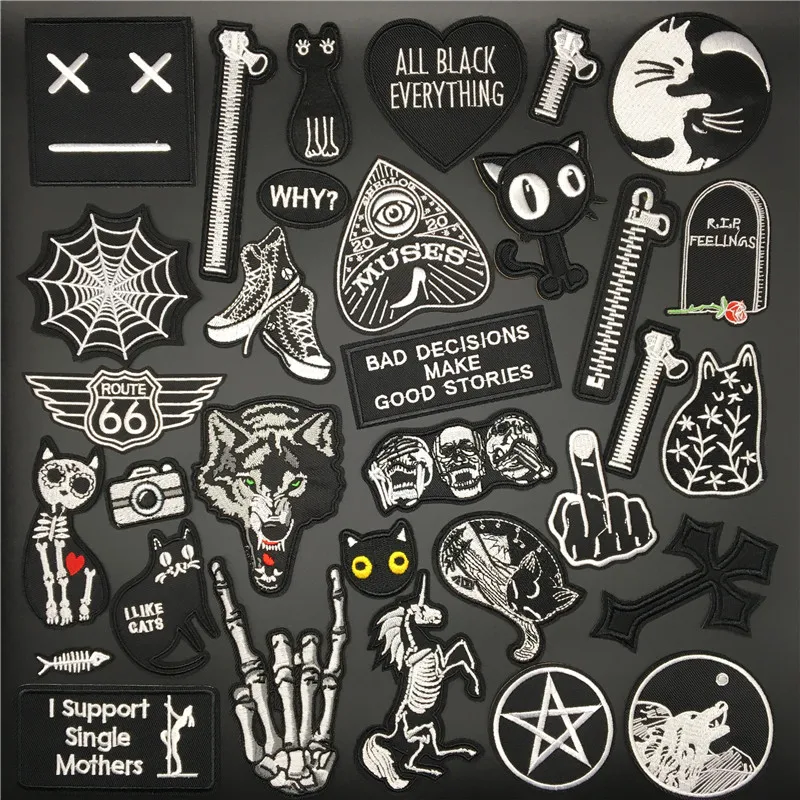 Toppe di lupo per abbigliamento Applicazioni di strisce Ricamo nero Distintivi punk Adesivi per vesti da cucire Toppe termoadesive Decorazione  15