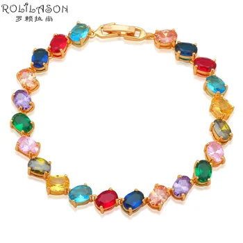 

ROLILASON High Quality Glittering Color zircon Golden Charm bracelets lovely casual fashion jewelry TB843