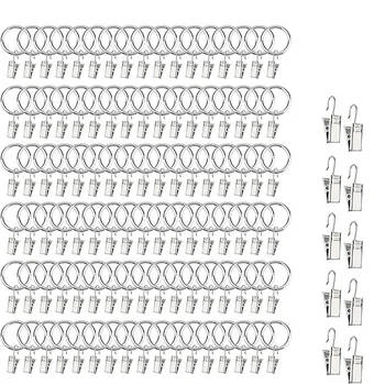 

100 PCS Curtain Ring with Clip and 10 Pcs Clip, 1 Inch (2.54 mm) Metal Decorative Silver Curtain Window Ring