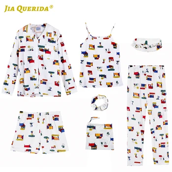 

New Turn Down Collar Pijamas Woman 7 Pieces Home Clothes Sleepwear Pajamas Set Woman Clothes Soft Casual Style Fashion Style