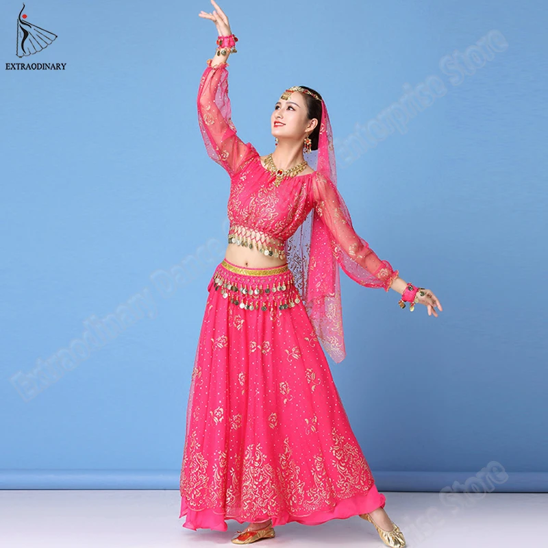 Болливуд платье костюм женский набор индийский танец сари танец живота наряд Одежда для выступлений шифоновый топ+ пояс+ юбка