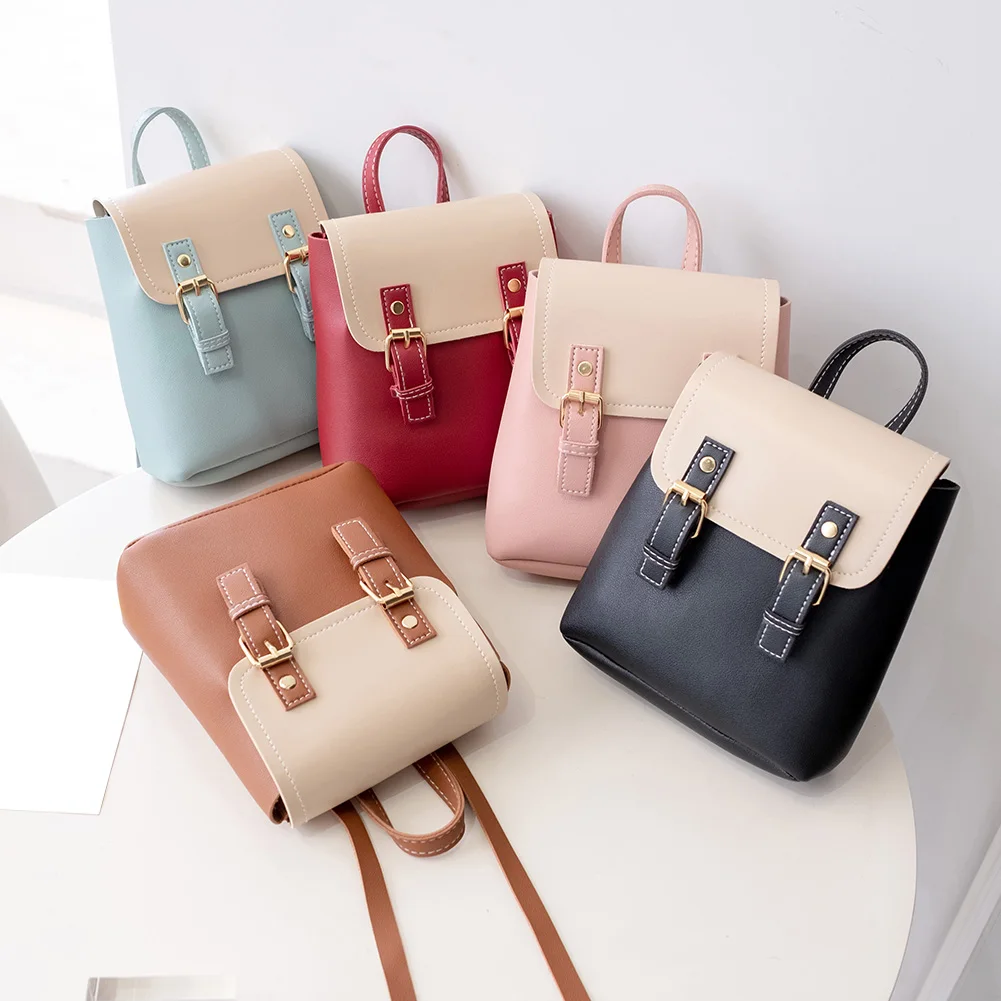 

PU Leather Fashion Splicing Flap Women Shoulder Bags Clasp Multi-Function Casual Backpack for Teenage Girls