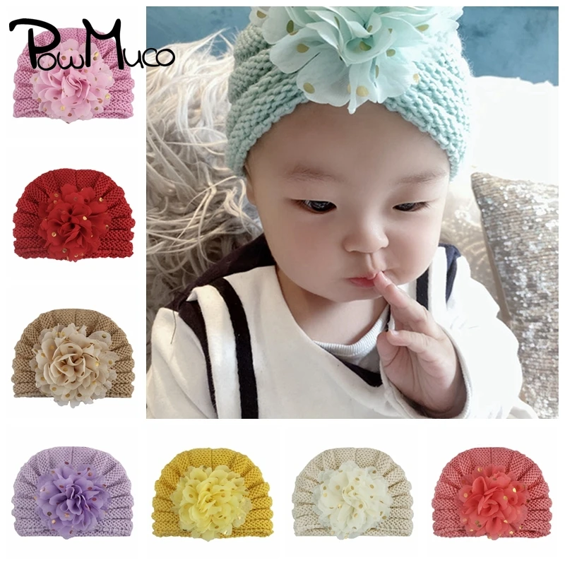 

Powmuco 17*13 CM Solid Color Knitted Wool Hats Fashion Handmade Flower Caps with Golden Dots Warm Infant Bonnet Birthday Gifts