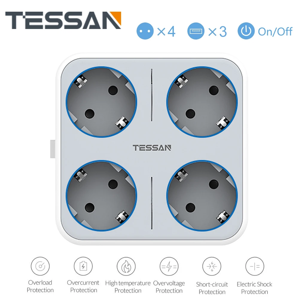 Настенная розетка TESSAN стандарта ЕС с выключателем 4 розетки переменного тока 3