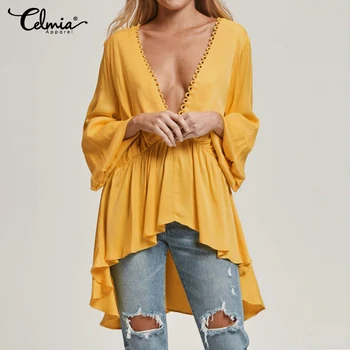 

Women Long Lantern Sleeve Lace Blouses Sexy Deep V-neck Casual Loose Shirts 2020 Celmia Female Asymmetrical Tunic Tops Plus Size