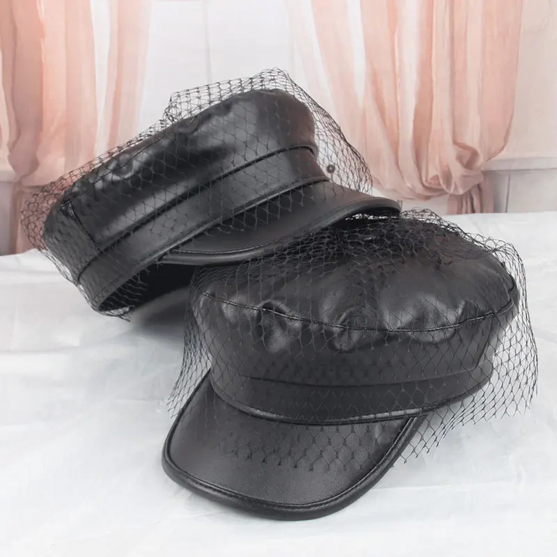 Vrouwen Herfst Zwarte Sluier Pet Cap Vintage Flat Vizieren PU Leer