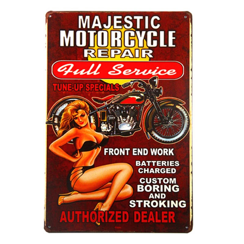 

The Majestic Motorcycle repair sign with Pin Up Girl ,is a great garage or man cave sign