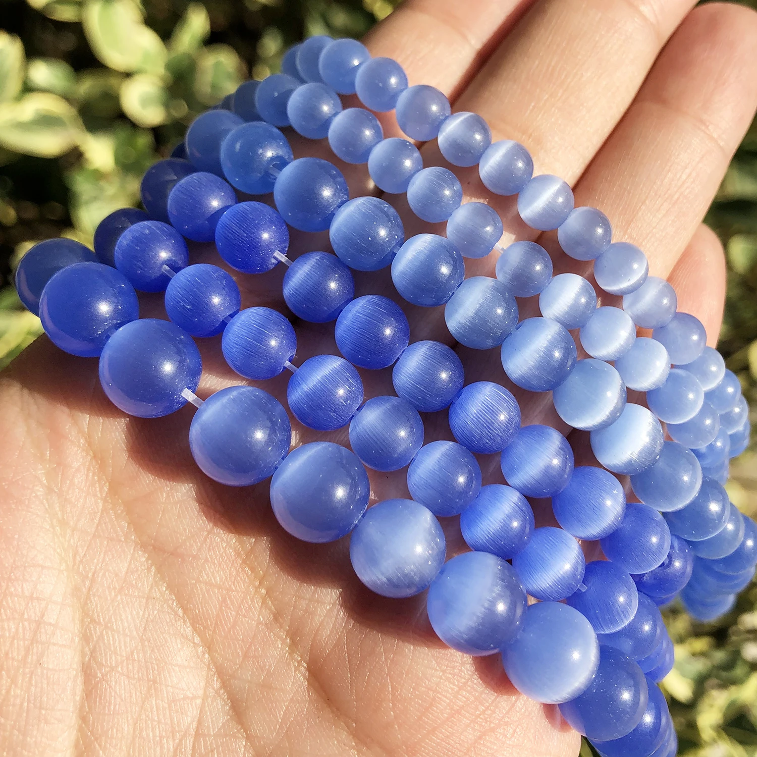 Natural Pink, White, & Blue Cat Eye Round Loose Beads for Jewelry Making - High-Quality Moonstone DIY Bracelet, 15 Strand