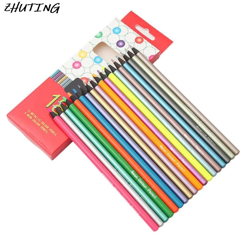 

ZHUTING 12Pcs Metallic Non-Toxic Colored Pencils+6 Fluorescent Color Pencils for Drawing