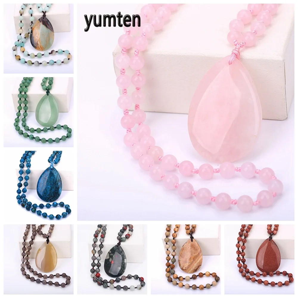 

Natural stone drop pendant round bead retro necklace for women sweater chain send friends