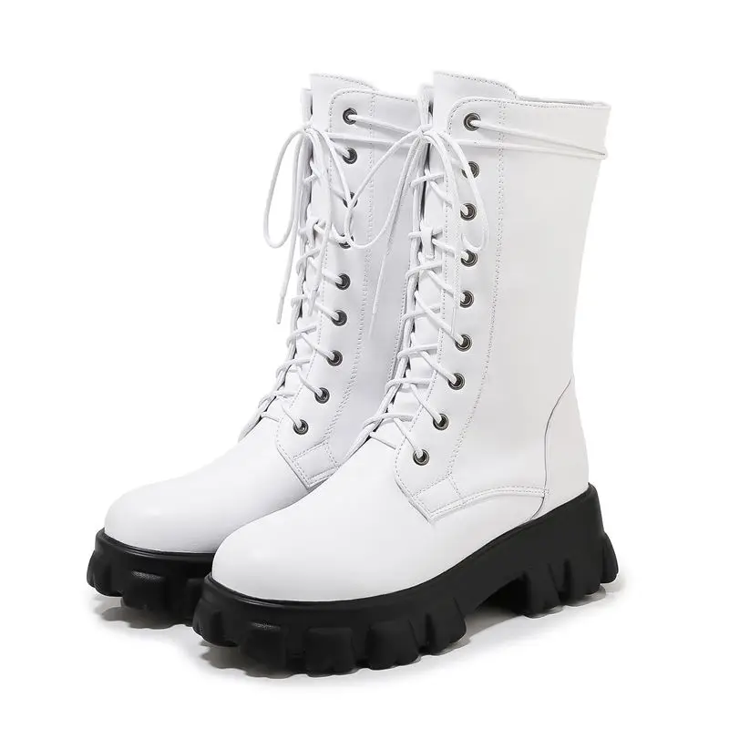 white with fur MORAZORA/Новое поступление года; ботинки до середины икры; Женские однотонные ботинки на платформе со шнуровкой; модная женская обувь; ботинки Осень-зима - Цвет: white with fur