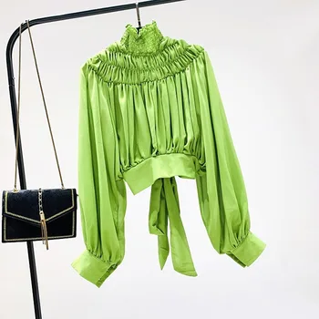 

Lanterns Sleeve Chiffon Blouse Women Long Sleeve Shirts Crop Tops 2020 New Korean Short Pull Blouse White Green Black Blusas