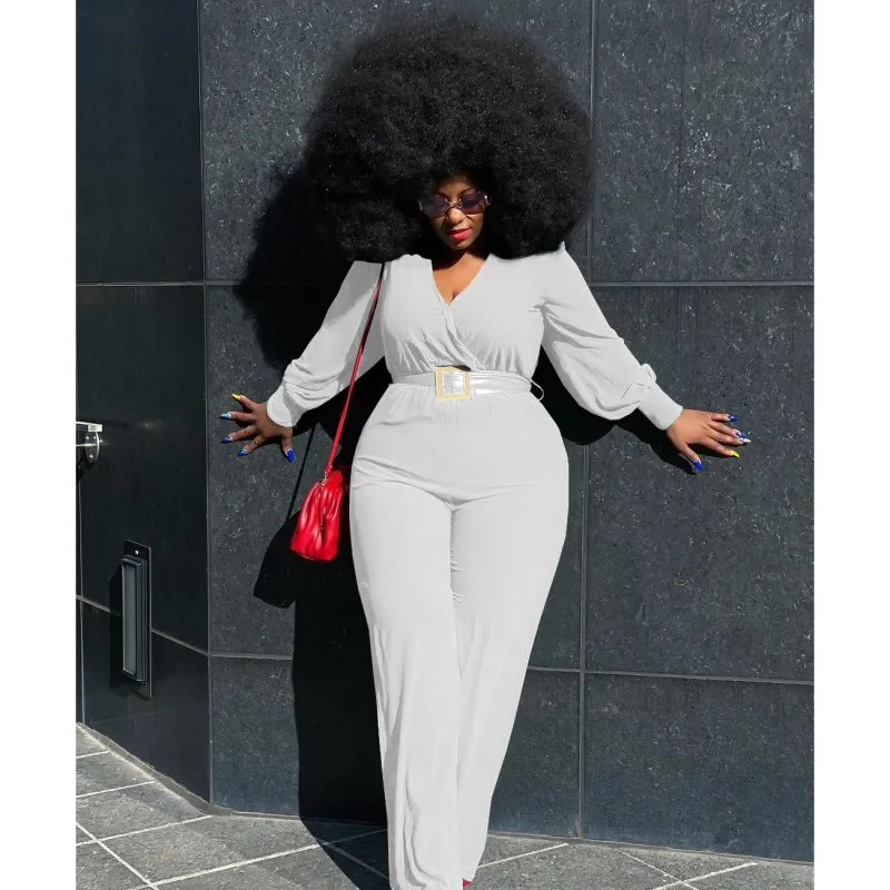 ladies suit 2022 spring summer new flared long sleeved pleated shirt v neck sexy loose comfortable wide leg pants two piece set Fashion Solid Color Long-Sleeved Jumpsuit Casual Ladies Loose Wide-Leg Trousers 2022 Winter New Ladies V-Neck Sexy Jumpsuit 4XL