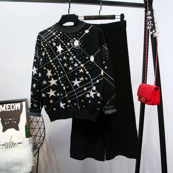 

New Women's Clothes European Station Small Fragrance Star Loose Long Sleeve Sweater Overcoat Broad-legged Trousers Suit