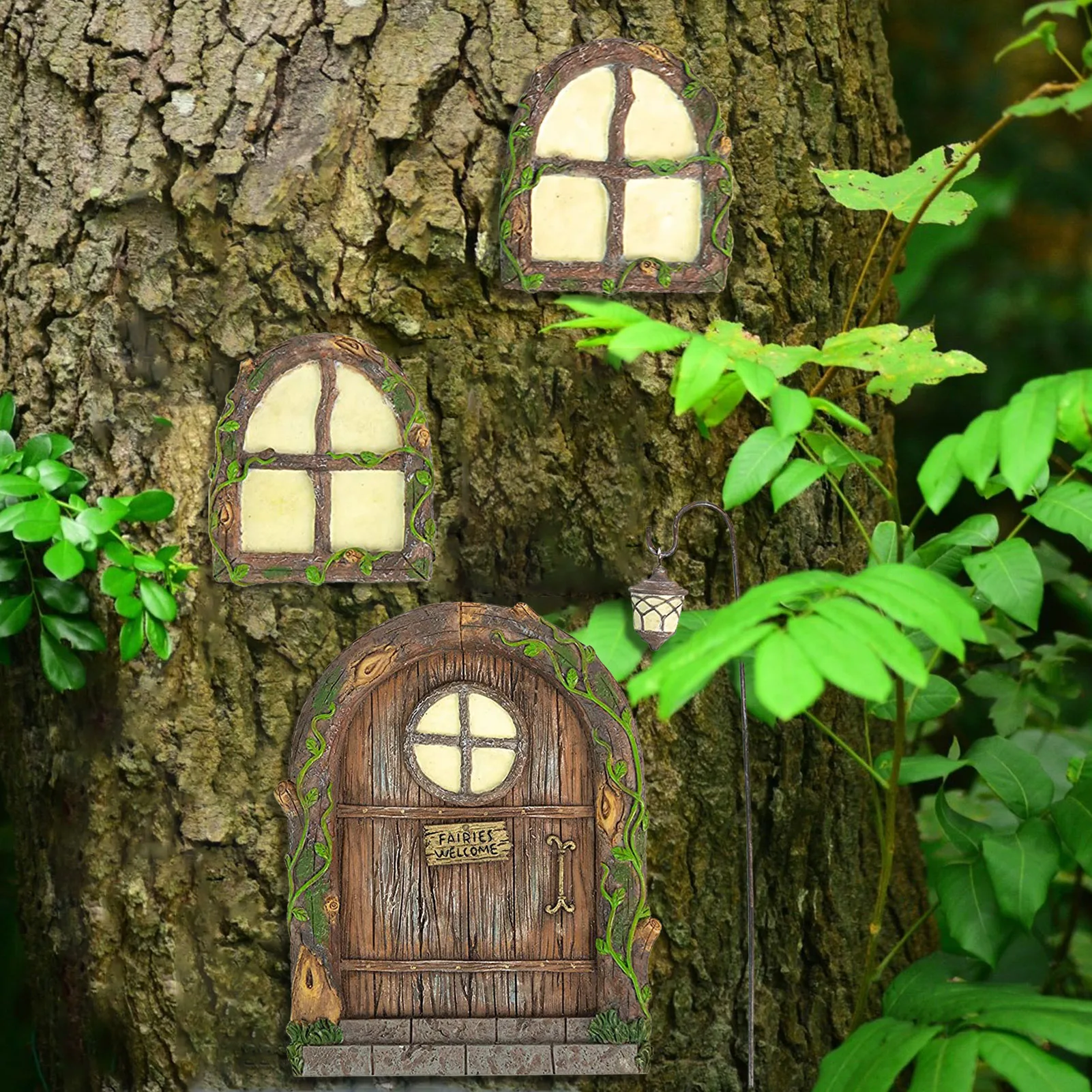 庭の彫刻の妖精のドアと木の窓 屋外の装飾 庭 夜に輝く Figurines Miniatures Aliexpress