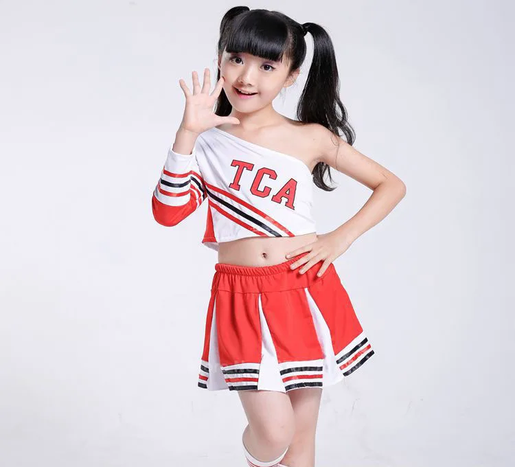 100-170cm Kids Girls Cheerleader Costumes Shoulder Off Vest+ Skirt Student Boys School Uniform Cheerleading Dance Performance