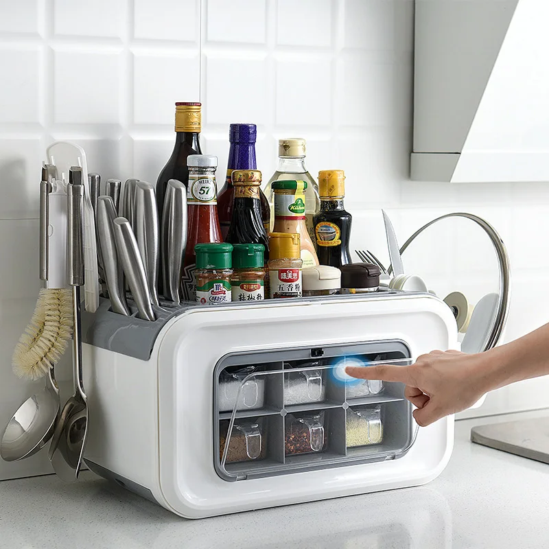 Multi-function Kitchen Organizer Storage Box Pantry Organizer Kitchen Shelf Condiment Box 6 Grids Kitchen Holder With Dust Cover