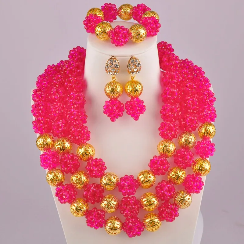 Fuchsia Pink Фиолетовый и серебряный хрустальный шар Африканский бисер комплект ювелирных изделий нигерийское свадебное ожерелье свадебные ювелирные наборы - Окраска металла: Fuchsia Pink