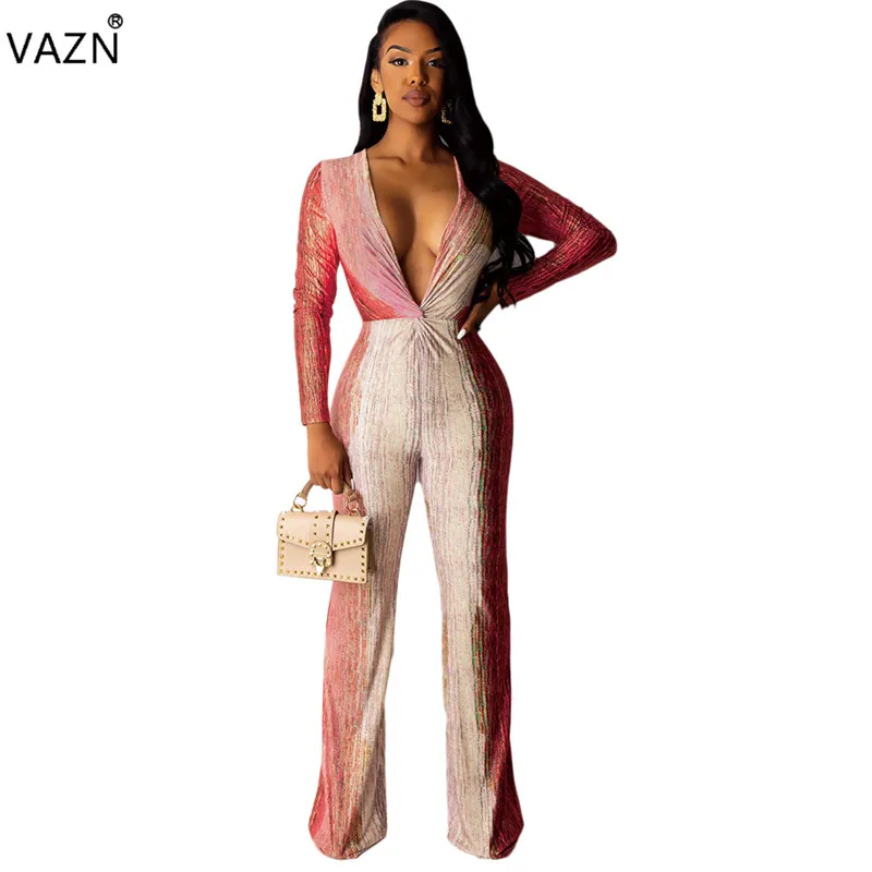 

VAZN DAN8167 Hot High-end Untidy Sexy Night Club Jumpsuits Women Deep V-Neck Full Sleeve Chiffon Long Wide Leg Romper