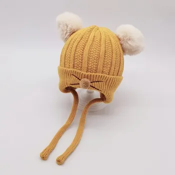 

Baby Cap Cute Plush Ball Design Knitted Wool Hemming Winter Warm Hats for Girls Boys