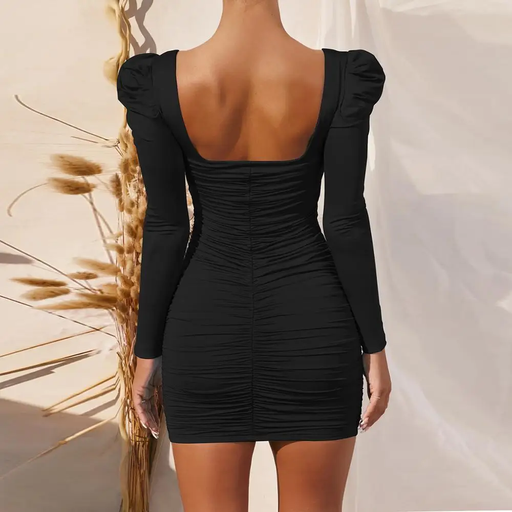 Autumn Winter Long Puff Sleeve Dress Women Bodycon New Square Collar Ruched Mini Dresses Sexy Party Clubwear Vestidos Black