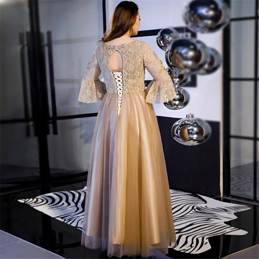 Evening Dress Plus Size Lace Flowers Robe De Soiree T541 Elegant Women Party Dresses Brown Three Quarter Sleeve Prom Dress