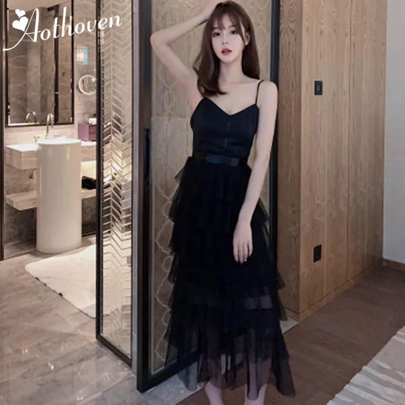 

High-end Elegant Evening Party Dress Women Backless Spaghetti Strap Black Ladies Dresses 2019 Summer Cascading Ruffle Dress
