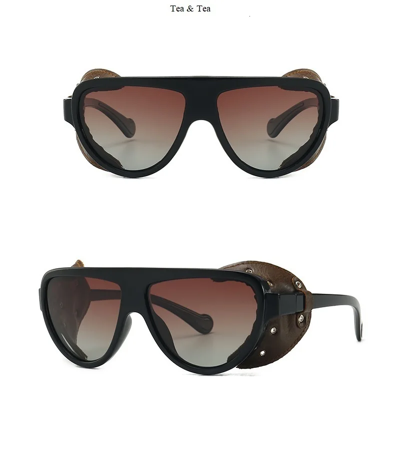 Поляризованные солнцезащитные очки в стиле стимпанк черного цвета из искусственной кожи солнцезащитные очки с оправой для Для мужчин Винтаж Элитный бренд женские ботинки с широким круглым панк Солнцезащитные очки Для женщин очки