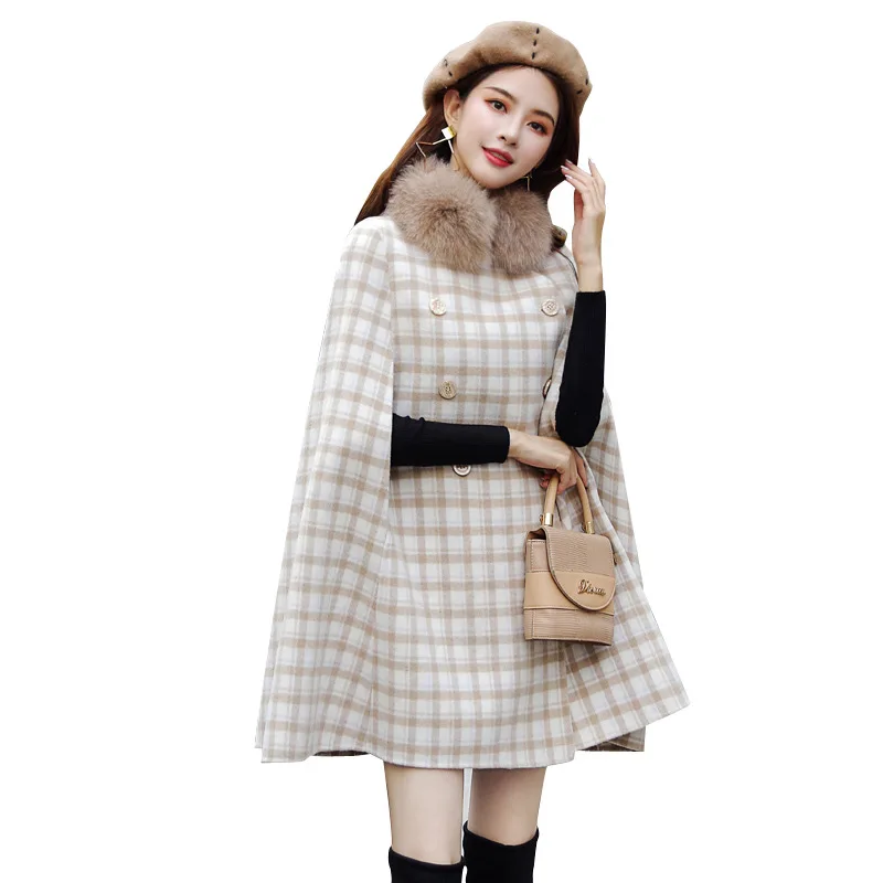 

Plaid Woolen Coat Women's Autumn And Winter New Style Korean-style Retro England Cloak Overcoat Mid-length Loose-Fit Woolen Jack