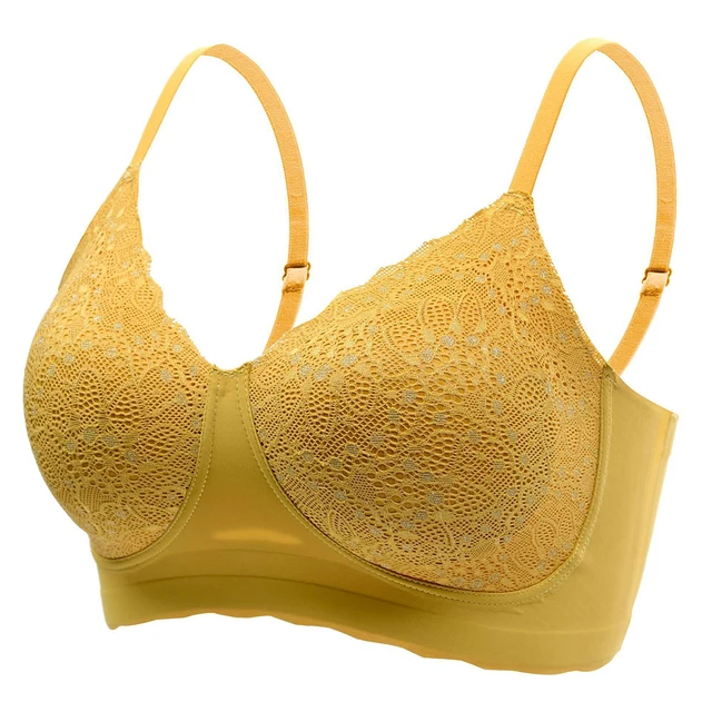 Women's Latex Underwear Sexy Lace Traceless Breathable Underwear Steel Ring Sling Adjustable Women's Bra yellow