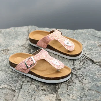 

ZK27 Slippers Summer Beach Children Cork Sandals Bling Sequins for Family Shoes Leopard Barefoot Flats Girls Slipper