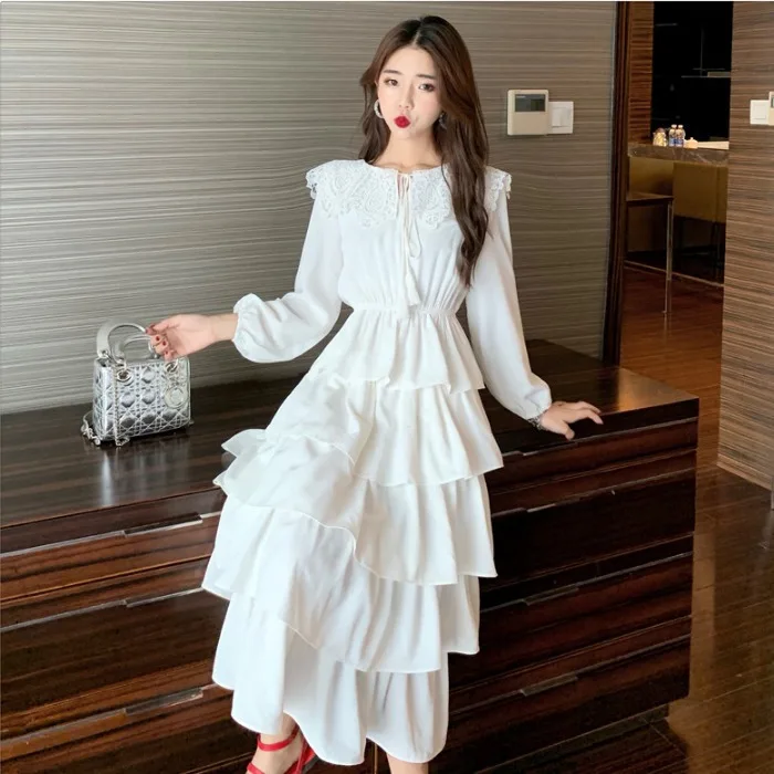 

Autumn Women's 2019 New Style Immortal Elegant Waist Hugging Big Hemline Flounced Cake GIRL'S Dress High-waisted Slimming Dress