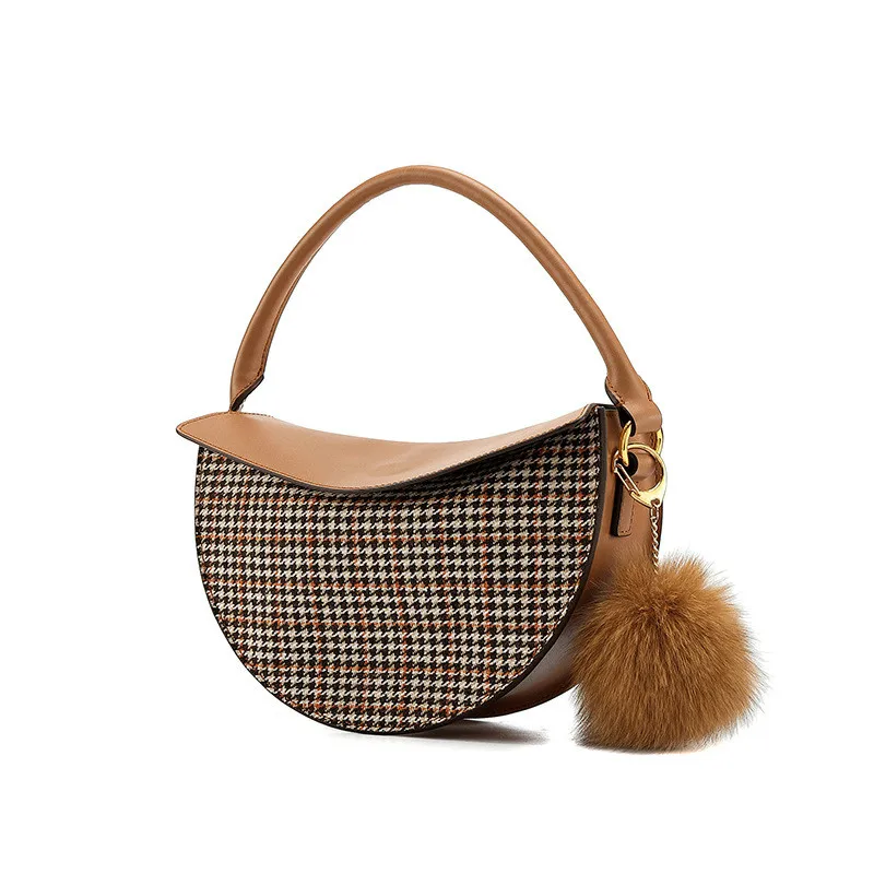 

Genuine Leather Saddle Bag Women Blocking Color Shoulder Bag MessengeHoundstooth Handbag Women High Quality Famous Designer