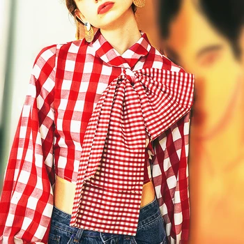 

Vogue Crop Top Women Blouse Lantern Sleeve Plaid Pattern Women Tops Short Blouse Bow Decoration Chic Design Women Clothes SL396