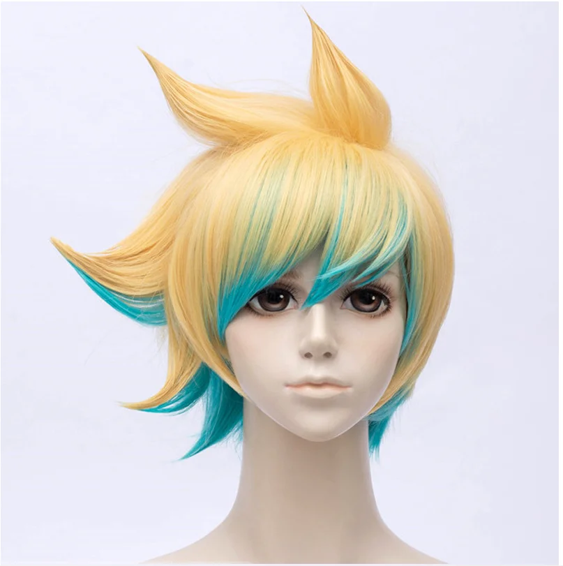 anime halloween costumes Game LOL The Prodigal Explorer Ezreal Cosplay Wig Short Mixed Colors Gradient Heat Resistant Synthetic Hair Wigs + Wig Cap plus size halloween costumes