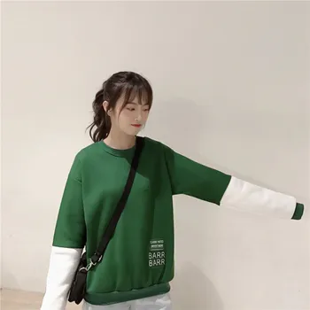 

Autumn Women Sweatshirts Preppy Style Round Neck Long-sleeved Thicken Coats Fashion Letter Print Women's Patchwork Sweatshirts
