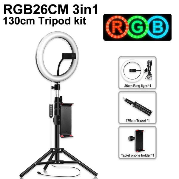 10 ''rgb-кольцевой светильник с штативом для телефона, комплект для камеры, фотографии, видео записи, селфи светодиодный светильник с держателем для планшета для iPad - Цвет: 26cm type 130cm