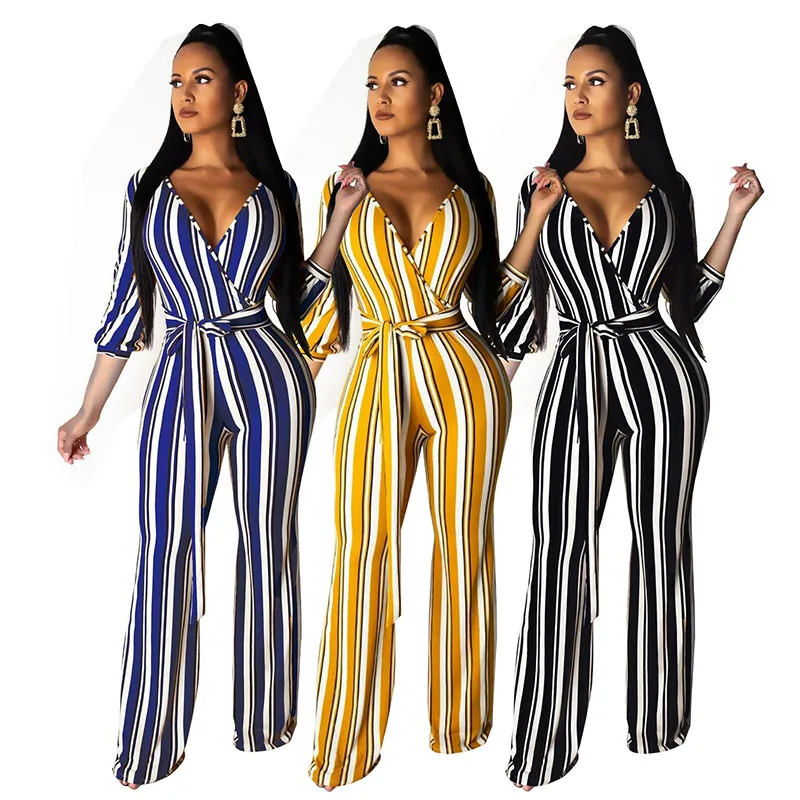 

Stripe Printting Long Sleeves Deep V-Neck Wide-Legged Rompers With Sashes Women Autumn New Style Jumpsuits